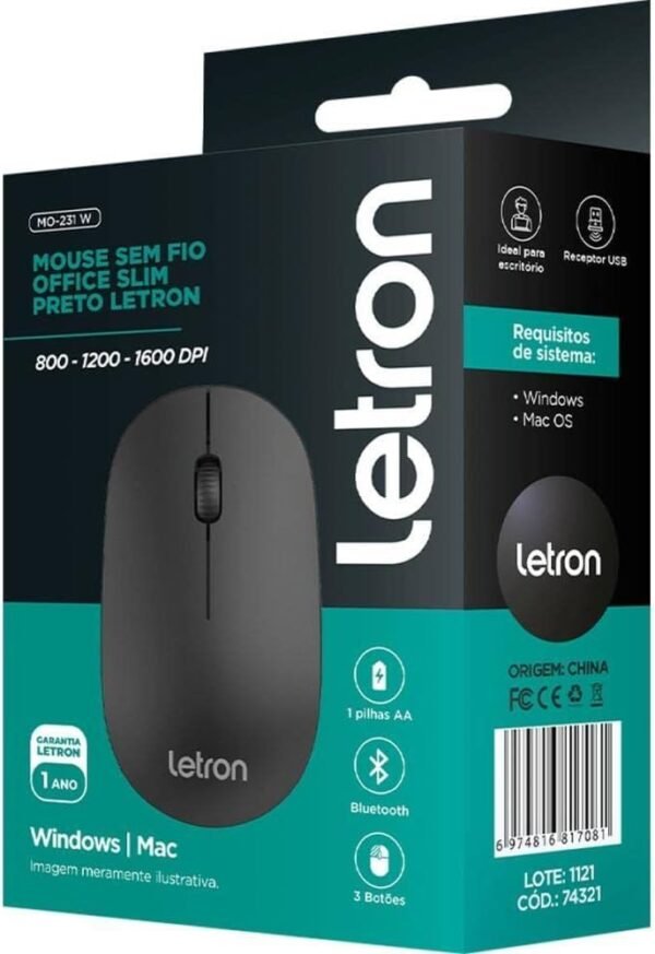 Mouse Sem Fio Office Slim Preto Letron - Image 2
