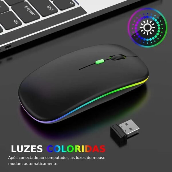 Mini Mouse Sem Fio Recarregável com Led RGB, Design Ergonômico e Conectividade USB 2.4 GHz para Notebook, PC, Desktop, Laptop e TV Smart Shaolong® (Preto) - Image 6