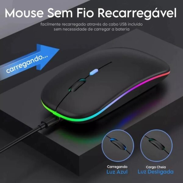 Mini Mouse Sem Fio Recarregável com Led RGB, Design Ergonômico e Conectividade USB 2.4 GHz para Notebook, PC, Desktop, Laptop e TV Smart Shaolong® (Preto) - Image 3