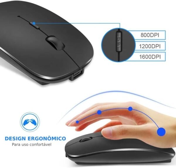 Mini Mouse Sem Fio Recarregável com Led RGB, Design Ergonômico e Conectividade USB 2.4 GHz para Notebook, PC, Desktop, Laptop e TV Smart Shaolong® (Preto) - Image 2