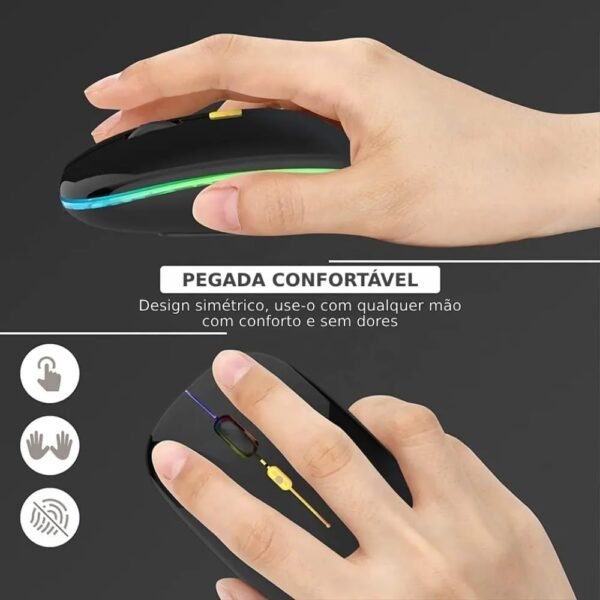 Mini Mouse Sem Fio Recarregável com Led RGB, Design Ergonômico e Conectividade USB 2.4 GHz para Notebook, PC, Desktop, Laptop e TV Smart Shaolong® (Preto) - Image 5