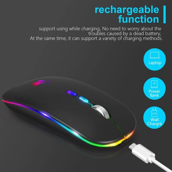 HOTLIFE Mouse Sem Fio Led, Mouse Bluetooth Silencioso Recarregável Fino, Mouse De Computador Portátil USB Óptico 2.4G Sem Fio Bluetooth De Dois Modos Com Receptor USB E Adaptador Tipo C Preto - Image 6