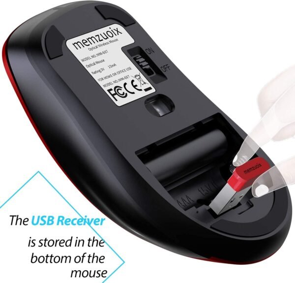 memzuoix Mouse sem fio de 2,4 G, mouse óptico móvel sem fio de 1200 DPI com receptor USB, mouse de computador portátil para laptop, PC, desktop, MacBook, 5 botões, vermelho - Image 4