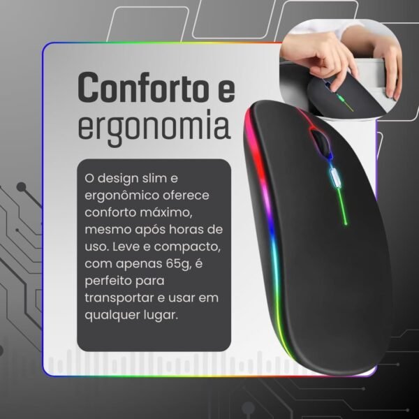 Mouse Sem Fio Recarregável Linha Prime (Preto), Conexão Dual Bluetooth 5.0/USB 2.4GHz, DPI Ajustável, Design Ergonômico com LED RGB. Desempenho Premium em Qualquer Dispositivo. - Image 3