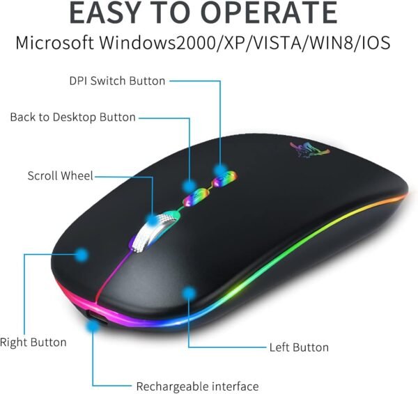 HOTLIFE Mouse Sem Fio Led, Mouse Bluetooth Silencioso Recarregável Fino, Mouse De Computador Portátil USB Óptico 2.4G Sem Fio Bluetooth De Dois Modos Com Receptor USB E Adaptador Tipo C Preto - Image 8