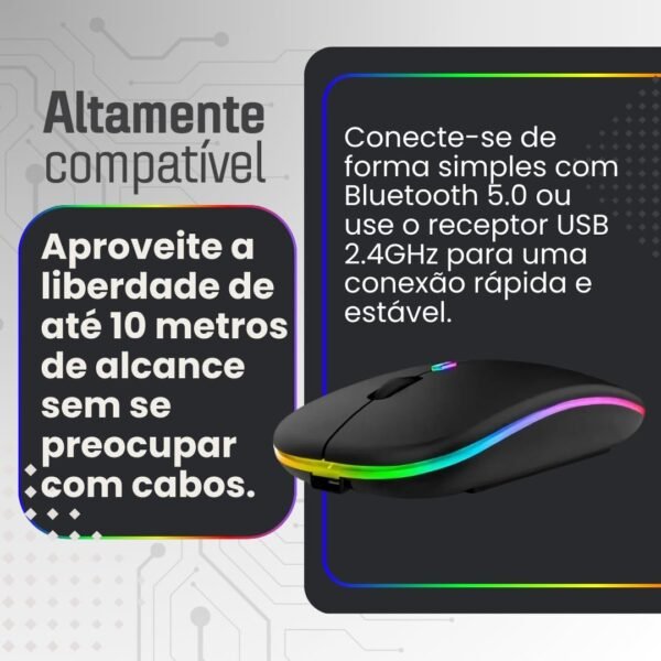 Mouse Sem Fio Recarregável Linha Prime (Preto), Conexão Dual Bluetooth 5.0/USB 2.4GHz, DPI Ajustável, Design Ergonômico com LED RGB. Desempenho Premium em Qualquer Dispositivo. - Image 4