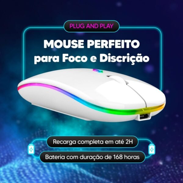 Mouse Sem Fio com Bluetooth Recarregável Óptico Wireless Silencioso Led Rgb Colorido Ergonômico Usb 2.4 Ghz para Notebook Computador Pc Desktop (BRANCO) - Image 5