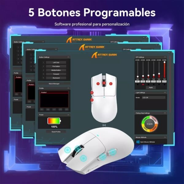 ATTACK SHARK Mouse X11 Leve Sem Fio Para Jogos Com Base De Carregamento RGB, Tri-Mode-2.4G/USB-C Com Fio/BT, DPI 22K, Sensor Óptico PAW3311, 5 Botões Programáveis ​​Para PC/Mac (Branco) - Image 6