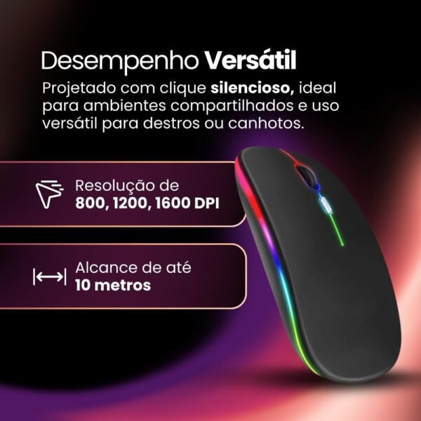 Mouse Sem Fio Recarregável Wireless Bluetooth Óptico LED RGB Colorido Ergonômico 2.4 GHz USB Para Notebook, Computador, PC e Desktop - Linha Premium SellXpert (Cinza) - Image 3