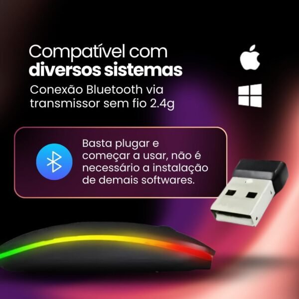 Mouse Sem Fio Recarregável Wireless Bluetooth Óptico LED RGB Colorido Ergonômico 2.4 GHz USB Para Notebook, Computador, PC e Desktop - Linha Premium SellXpert (Cinza) - Image 4