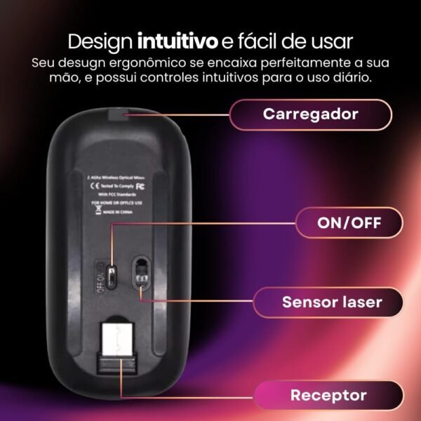 Mouse Sem Fio Recarregável Wireless Bluetooth Óptico LED RGB Colorido Ergonômico 2.4 GHz USB Para Notebook, Computador, PC e Desktop - Linha Premium SellXpert (Cinza) - Image 5
