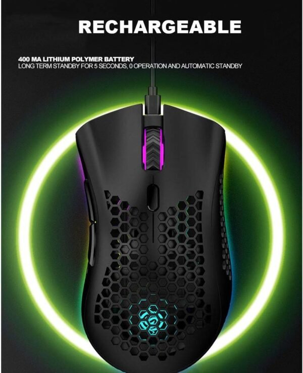 Attoe Mouse leve para jogos, mouse para jogos sem fio recarregável com receptor USB RGB Backlight, mouse de computador para laptop, PC, preto - Image 3