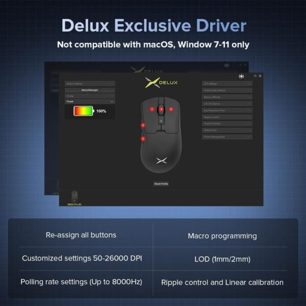 DeLUX M900PRO Mouse Gamer sem Fio, Taxa de Polling de 8000Hz, Base de Carregamento RGB, Design Ergonômico de 63g, Sensor PAW3395 com 26000DPI, Botões Programáveis ​​(Preto) - Image 7