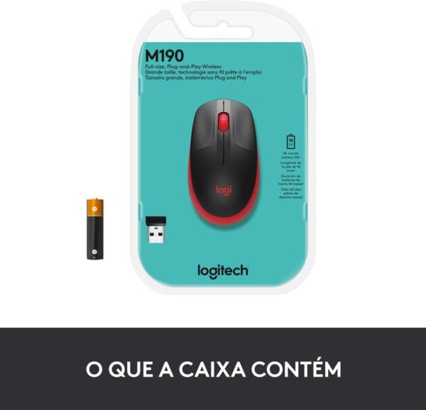 Mouse sem fio Logitech M190 com Design Ambidestro de Tamanho Padrão, Conexão USB e Pilha Inclusa - Vermelho - Image 6