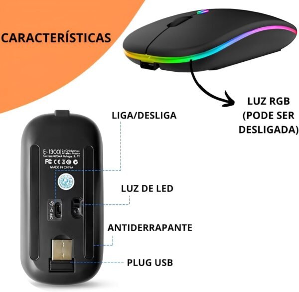 Mouse Sem Fio Recarregável Óptico Com Luz Led Rgb Colorido Wireless Usb 2.4Ghz - Image 8