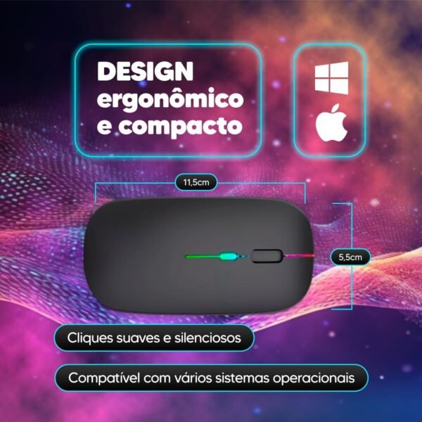 Mouse Sem Fio com Bluetooth Recarregável Óptico Wireless Silencioso Led Rgb Colorido Ergonômico Usb 2.4 Ghz para Notebook Computador Pc Desktop (BRANCO) - Image 3