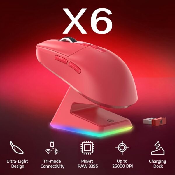 Mouse para jogos ATTACK SHARK X6 49g Superlight sem fio com base de carregamento RGB magnético, mouse ultraleve PixArt PAW3395, 26000DPI, mouse sem fio/com fio BT/2.4G, bateria de 200 horas para - Image 2