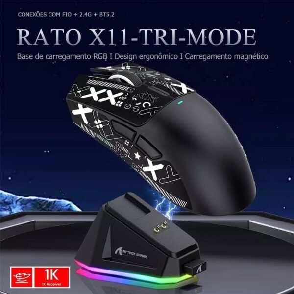 ATTACK SHARK Mouse X11 Leve Sem Fio Para Jogos Com Base De Carregamento RGB, Tri-Mode-2.4G/USB-C Com Fio/BT, DPI 22K, Sensor Óptico PAW3311, 5 Botões Programáveis ​​Para PC/Mac (Preto) - Image 2