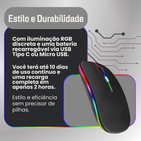 Mouse Sem Fio Recarregável Linha Prime (Preto), Conexão Dual Bluetooth 5.0/USB 2.4GHz, DPI Ajustável, Design Ergonômico com LED RGB. Desempenho Premium em Qualquer Dispositivo. - Image 2
