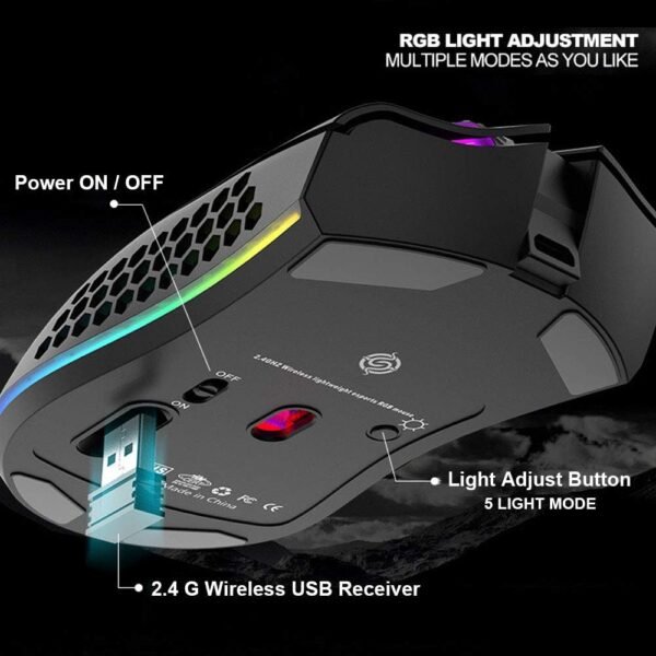 Attoe Mouse leve para jogos, mouse para jogos sem fio recarregável com receptor USB RGB Backlight, mouse de computador para laptop, PC, preto - Image 6