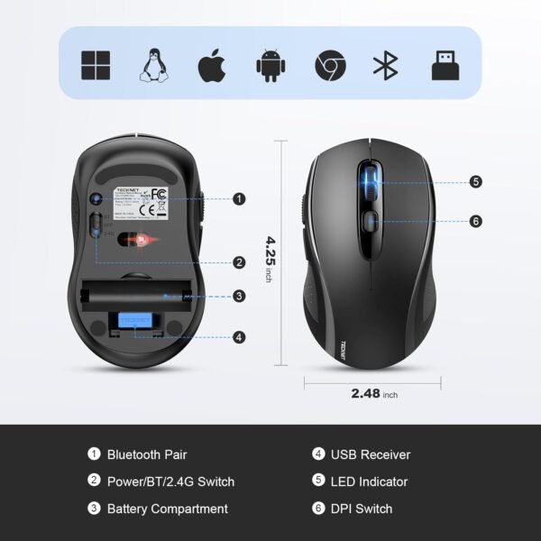 TECKNET Mouse Bluetooth, mouse sem fio 4000DPI Bluetooth para laptop 2 em 1 (BT 5.0/3.0 + 2,4 Ghz), mouse portátil para PC sem fio com receptor USB para Mac, compatível com MacBook Chromebook - Image 8