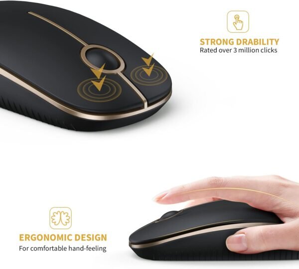 Mouse sem fio Vssoplor, mouse de computador portátil fino 2.4G com receptor Nano Mouse óptico silencioso e silencioso para notebook, PC, laptop, computador-preto e dourado - Image 6