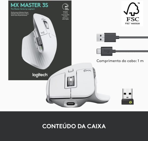 Mouse sem fio Logitech MX Master 3S com Sensor Darkfield para Uso em Qualquer Superfície, Design Ergonômico, Clique Silencioso, Conexão USB ou Bluetooth - Cinza Claro - Image 11