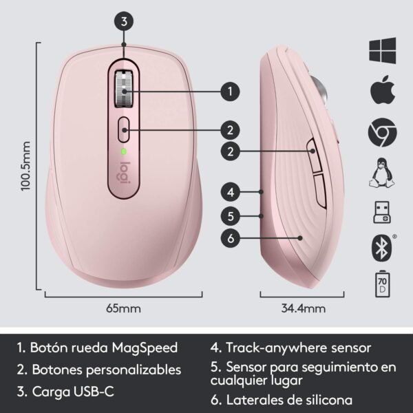 Mouse sem fio Logitech MX Anywhere 3 Compacto, Confortável, Uso em Qualquer Superfície, USB Unifying ou Bluetooth, Recarregável para Apple Mac, iPad, Windows PC, Linux, Chrome - Rosa - Image 6
