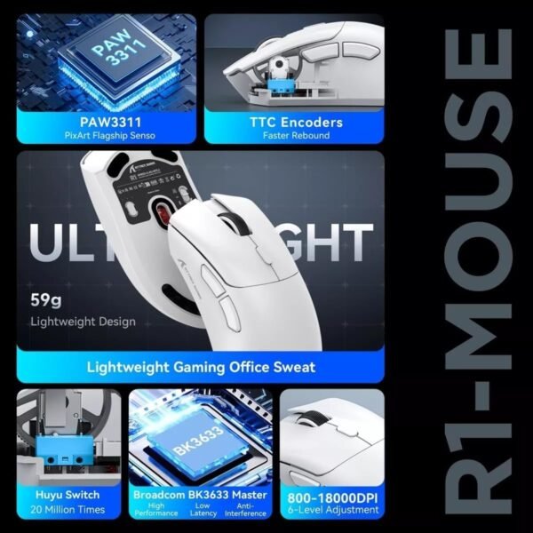 Mouse Sem Fio Gamer Attack Shark R1 18000dpi Paw3311 Tri Mode 1000hz, Pixart Paw3311 Ultraleve 3 Conexões (Branco) - Image 3