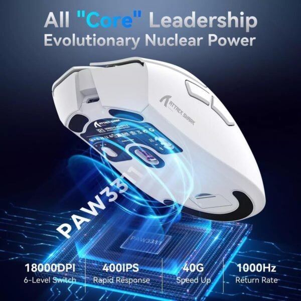 Mouse Sem Fio Gamer Attack Shark R1 18000dpi Paw3311 Tri Mode 1000hz, Pixart Paw3311 Ultraleve 3 Conexões (Branco) - Image 5