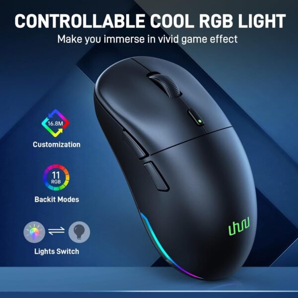 UHURU Mouse para jogos sem fio, 26000 DPI, mouse para jogos com retroiluminação RGB, 70 horas de vida útil da bateria, 2,4 GHz e com fio, 6 botões, adequado para PC/Mac - preto - Image 3