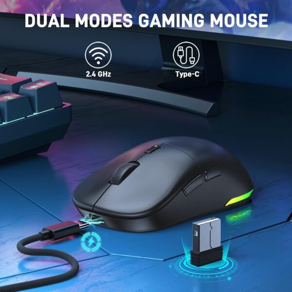 UHURU Mouse para jogos sem fio, 26000 DPI, mouse para jogos com retroiluminação RGB, 70 horas de vida útil da bateria, 2,4 GHz e com fio, 6 botões, adequado para PC/Mac - preto - Image 5
