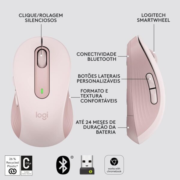 Mouse Sem Fio Logitech Signature M650 com Design de Tamanho Compacto, Clique Silencioso, Botões Laterais Personalizáveis, Conexão USB e Bluetooth - Rosa - Image 8