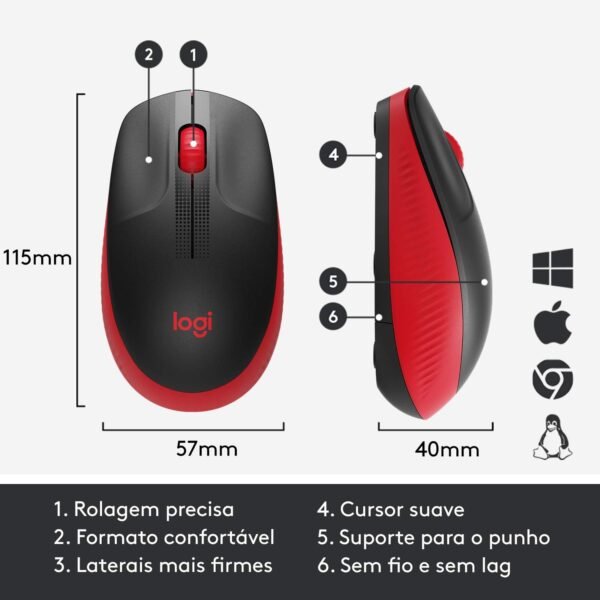 Mouse sem fio Logitech M190 com Design Ambidestro de Tamanho Padrão, Conexão USB e Pilha Inclusa - Vermelho - Image 5