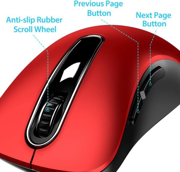 memzuoix Mouse sem fio de 2,4 G, mouse óptico móvel sem fio de 1200 DPI com receptor USB, mouse de computador portátil para laptop, PC, desktop, MacBook, 5 botões, vermelho - Image 2
