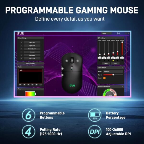 UHURU Mouse para jogos sem fio, 26000 DPI, mouse para jogos com retroiluminação RGB, 70 horas de vida útil da bateria, 2,4 GHz e com fio, 6 botões, adequado para PC/Mac - preto - Image 6