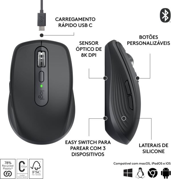 Mouse sem fio Logitech MX Anywhere 3S Compacto, Rolagem rápida, Uso em Qualquer Superfície, Clique Silencioso, Botões programáveis, Recarregável, Conexão Bluetooth - Grafite - Image 2