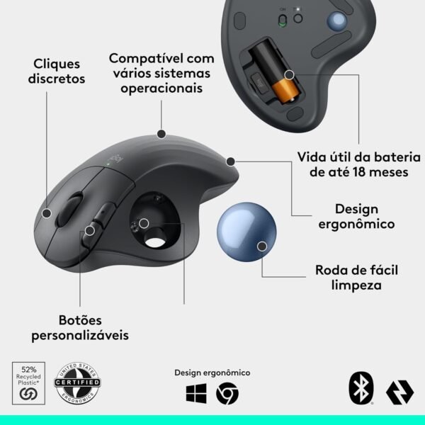 Mouse sem fio Logitech Trackball ERGO M575S com Cliques Silenciosos, Controle Fácil do Polegar, Rastreamento Preciso e Suave, Conexão Bluetooth e USB Logi Bolt - Compatível com PC/Mac - Image 6