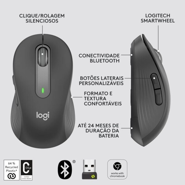Mouse Sem Fio Logitech Signature M650 com Design de Tamanho Compacto, Clique Silencioso, Botões Laterais Personalizáveis, Conexão USB e Bluetooth - Grafite - Image 8