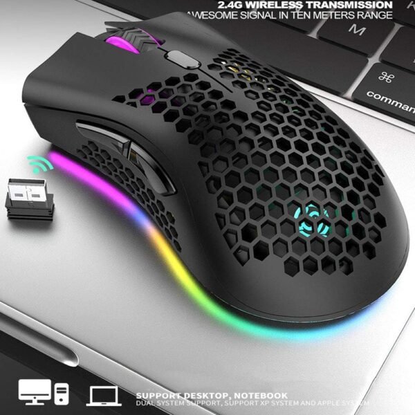 Attoe Mouse leve para jogos, mouse para jogos sem fio recarregável com receptor USB RGB Backlight, mouse de computador para laptop, PC, preto - Image 8