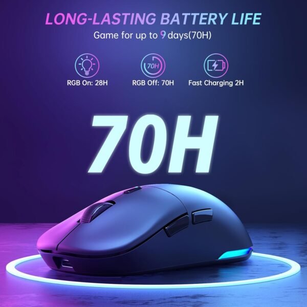 UHURU Mouse para jogos sem fio, 26000 DPI, mouse para jogos com retroiluminação RGB, 70 horas de vida útil da bateria, 2,4 GHz e com fio, 6 botões, adequado para PC/Mac - preto - Image 7