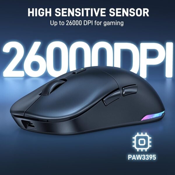 UHURU Mouse para jogos sem fio, 26000 DPI, mouse para jogos com retroiluminação RGB, 70 horas de vida útil da bateria, 2,4 GHz e com fio, 6 botões, adequado para PC/Mac - preto - Image 2