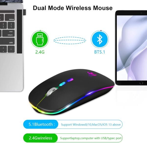 HOTLIFE Mouse Sem Fio Led, Mouse Bluetooth Silencioso Recarregável Fino, Mouse De Computador Portátil USB Óptico 2.4G Sem Fio Bluetooth De Dois Modos Com Receptor USB E Adaptador Tipo C Preto - Image 4