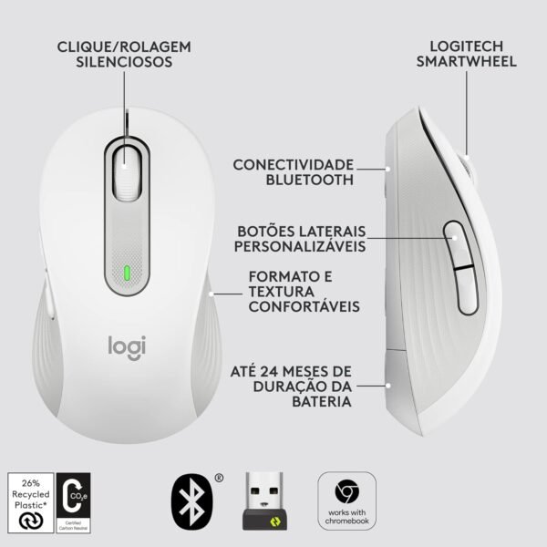 Mouse Sem Fio Logitech Signature M650 com Design de Tamanho Compacto, Clique Silencioso, Botões Laterais Personalizáveis, Conexão USB e Bluetooth - Branco - Image 8