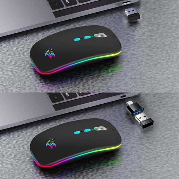 HOTLIFE Mouse Sem Fio Led, Mouse Bluetooth Silencioso Recarregável Fino, Mouse De Computador Portátil USB Óptico 2.4G Sem Fio Bluetooth De Dois Modos Com Receptor USB E Adaptador Tipo C Preto - Image 5