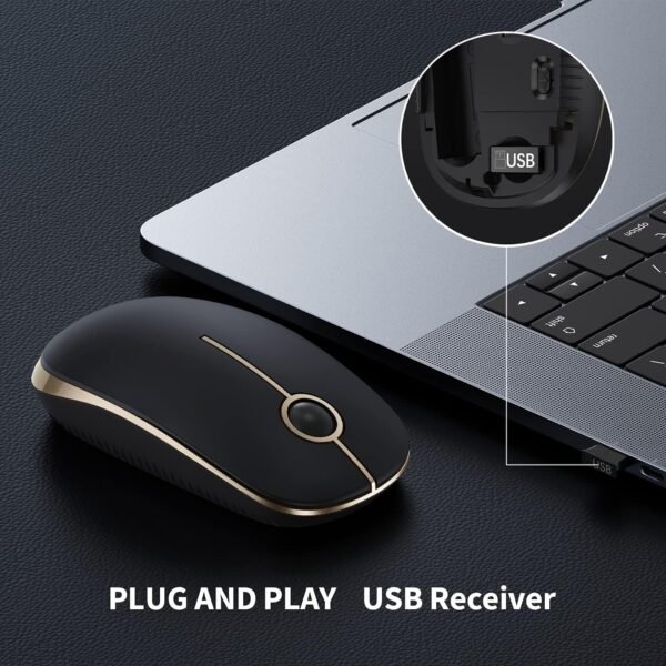 Mouse sem fio Vssoplor, mouse de computador portátil fino 2.4G com receptor Nano Mouse óptico silencioso e silencioso para notebook, PC, laptop, computador-preto e dourado - Image 3