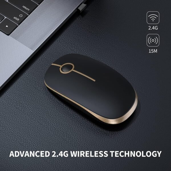 Mouse sem fio Vssoplor, mouse de computador portátil fino 2.4G com receptor Nano Mouse óptico silencioso e silencioso para notebook, PC, laptop, computador-preto e dourado - Image 2