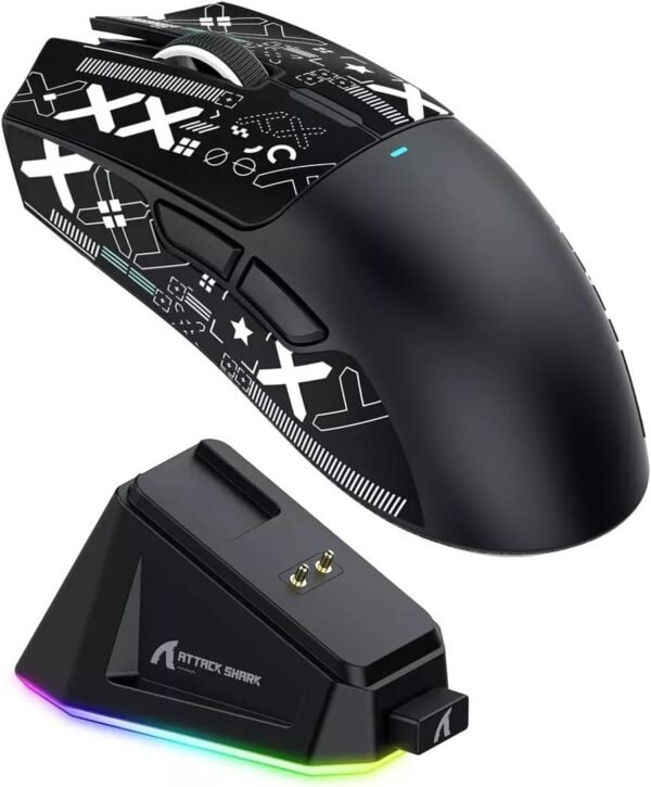 ATTACK SHARK Mouse X11 Leve Sem Fio Para Jogos Com Base De Carregamento RGB, Tri-Mode-2.4G/USB-C Com Fio/BT, DPI 22K, Sensor Óptico PAW3311, 5 Botões Programáveis ​​Para PC/Mac (Preto)