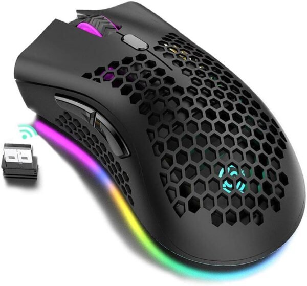 Attoe Mouse leve para jogos, mouse para jogos sem fio recarregável com receptor USB RGB Backlight, mouse de computador para laptop, PC, preto