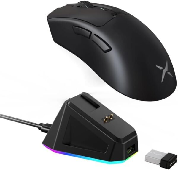 DeLUX M900PRO Mouse Gamer sem Fio, Taxa de Polling de 8000Hz, Base de Carregamento RGB, Design Ergonômico de 63g, Sensor PAW3395 com 26000DPI, Botões Programáveis ​​(Preto)